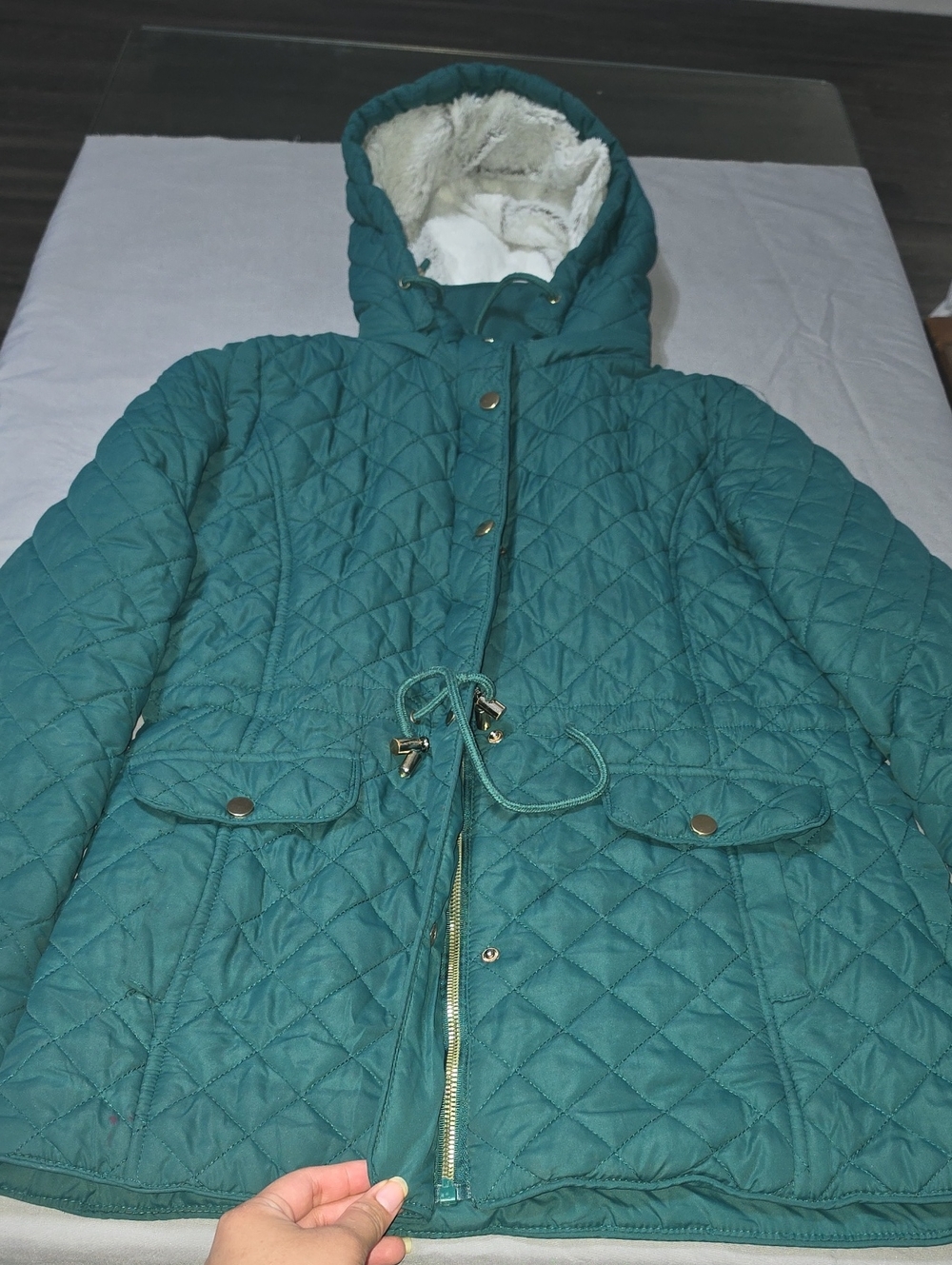 Royalty For Me Quilted Hooded Puffer Jacket in Teal Green